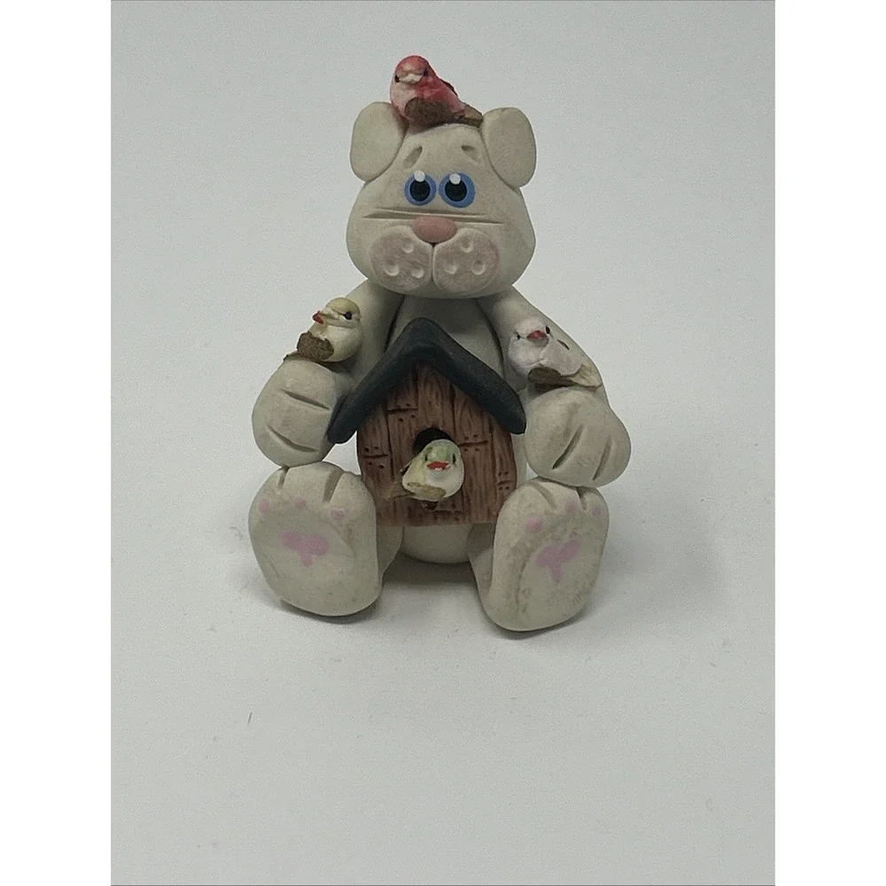 NEW Handmade Polymer Clay Figurine Cat Holding Birdhouse and 4 Birds